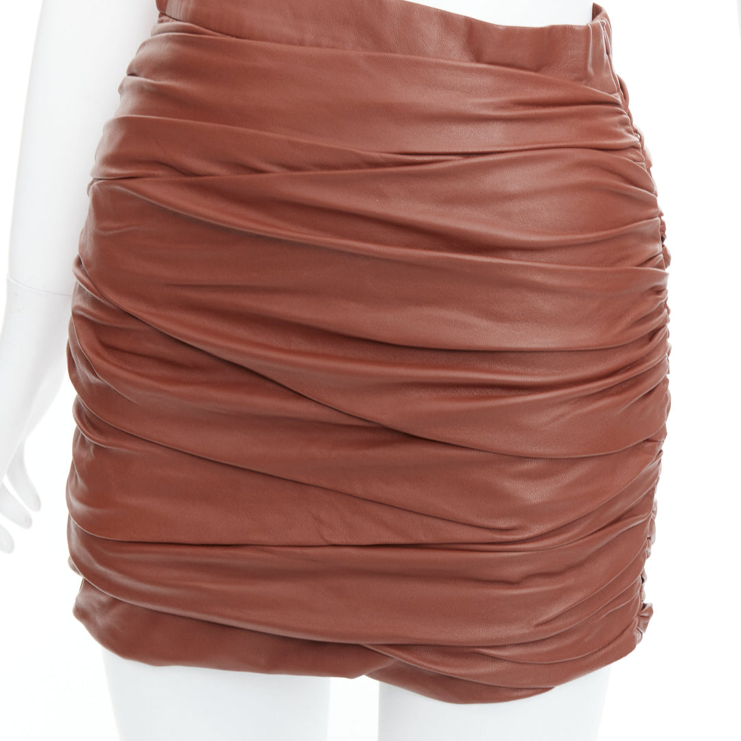 ZEYNEP ARCAY brown lambskin gathered ruched silk lined mini skirt FR34 XS