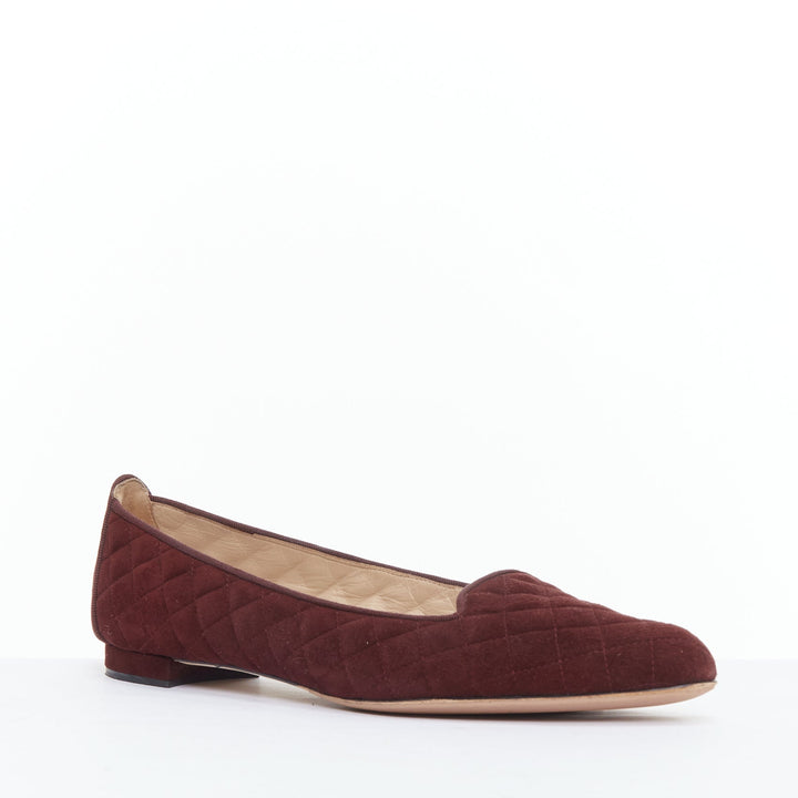 MANOLO BLAHNIK burgundy quilted suede square toe loafer flats EU39