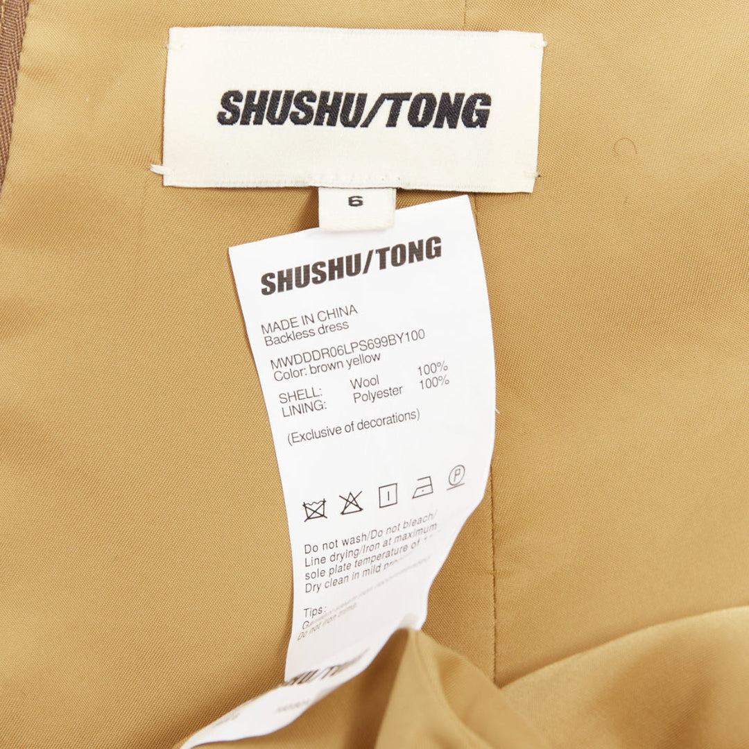rare SHUSHU TONG Backless brown wool gold sequin fit flare dress UK6 XS
