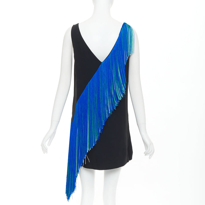 CHRISTOPHER KANE 2016 Runway Asymmetric Fringing Strip blue fringe dress UK8 S