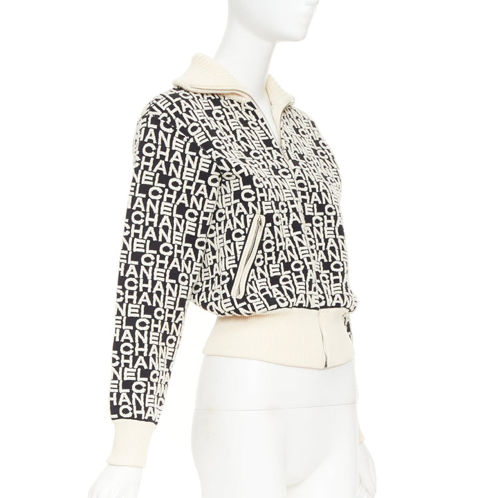 CHANEL 19A Coco Neige embossed monogram jacquard cropped bomber jacket FR34 XS