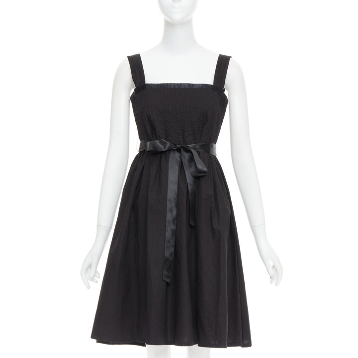 BURBERRY LONDON black cotton pleated waist ribbon tie babydoll dress UK8 S