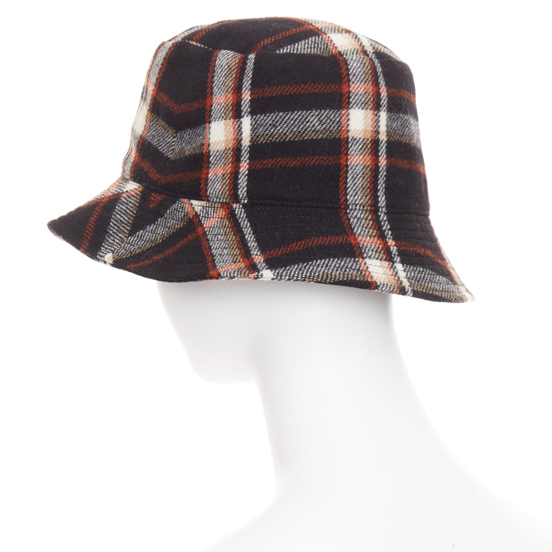 CELINE 2021 Runway Plaid Woven Bucket Hat black red wool logo cap M