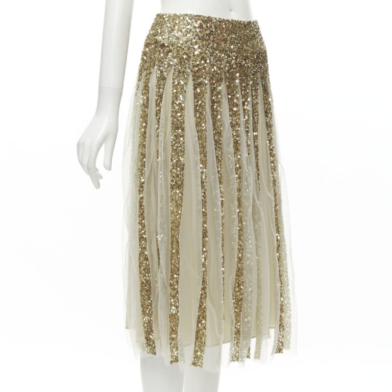 ALICE OLIVIA gold bling sequins sheer nude panel midi skirt US0 XS