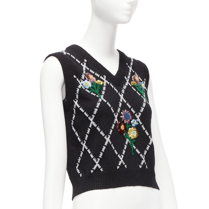 GUCCI black silver diamong argyle floral embellished sweater vest S