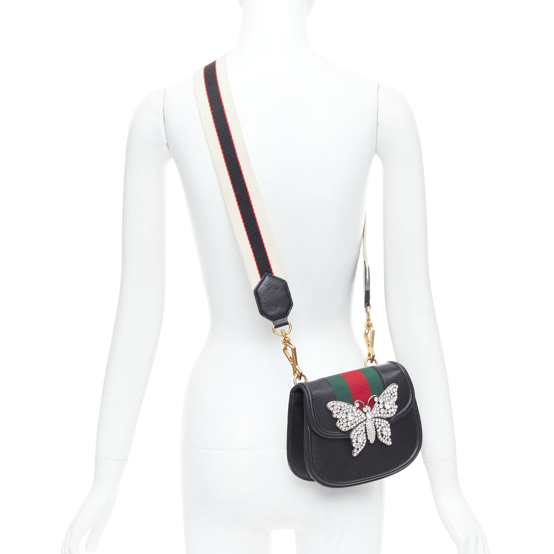 GUCCI Totem black calfskin crystal butterfly logo strap crossbody bag