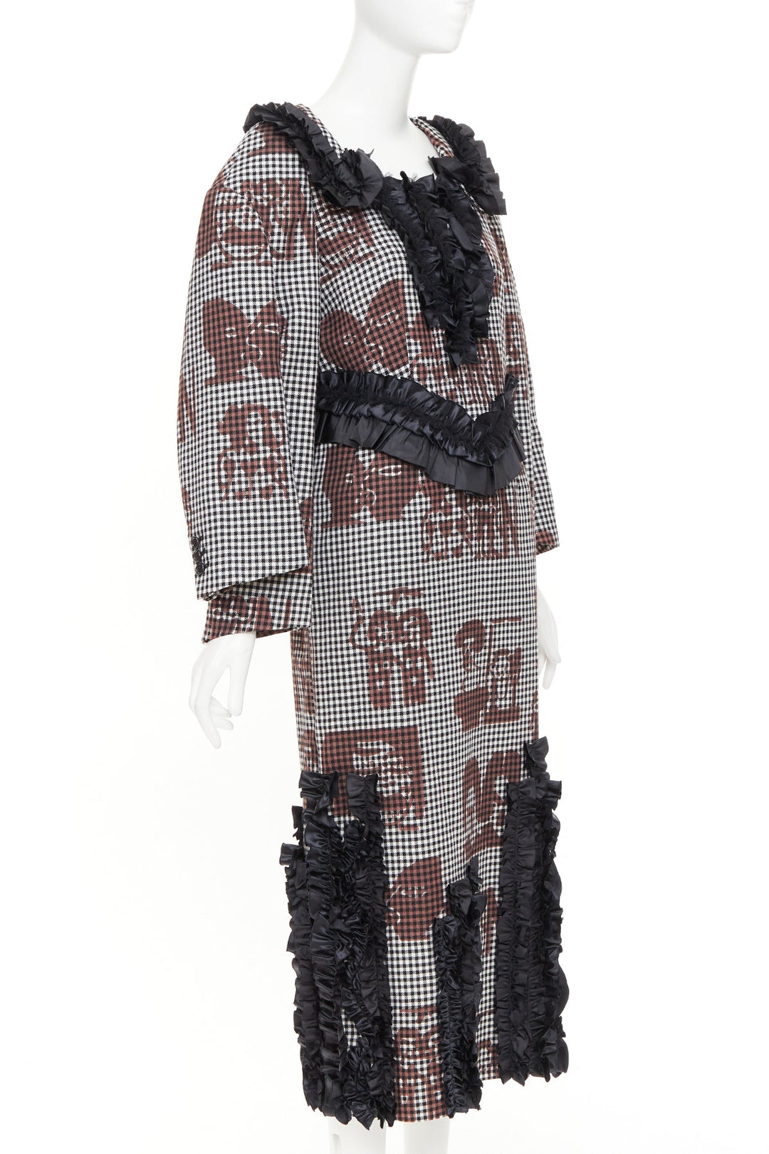 COMME DES GARCONS 2019 brown black wool gingham multi sleeve ruffle midi dress S