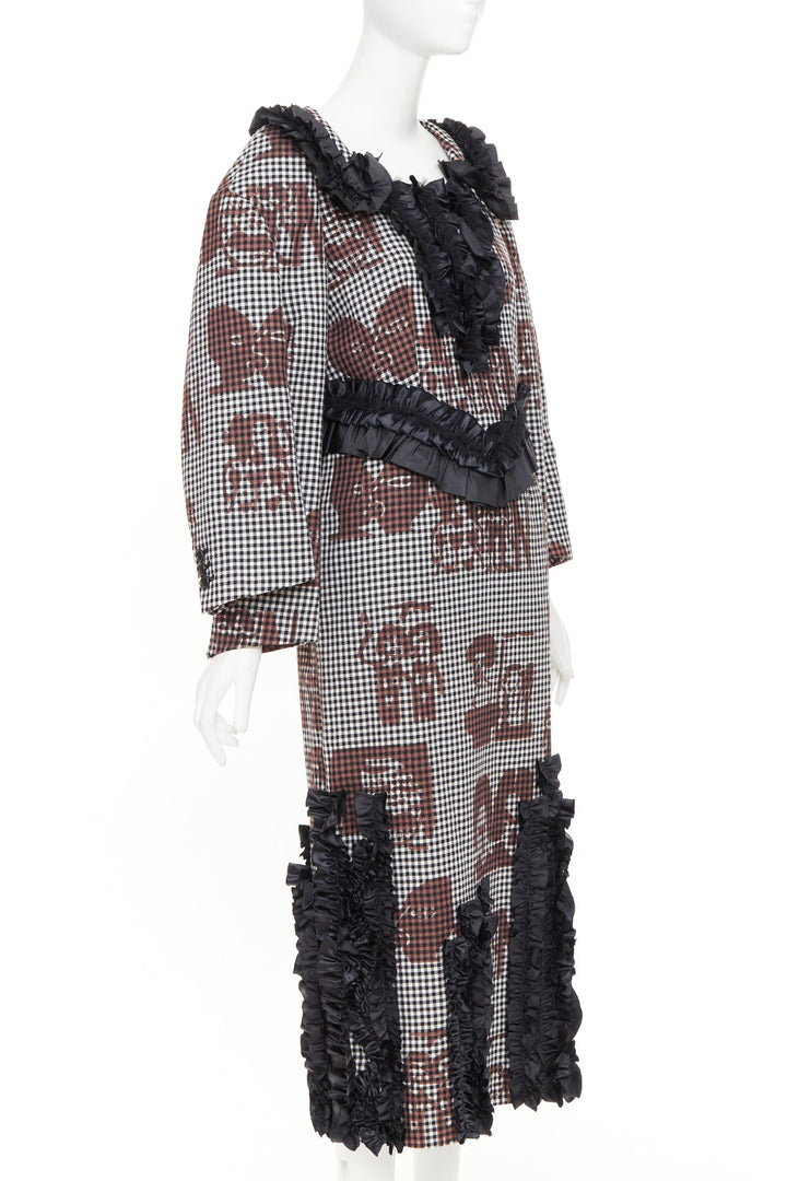 COMME DES GARCONS 2019 brown black wool gingham multi sleeve ruffle midi dress S