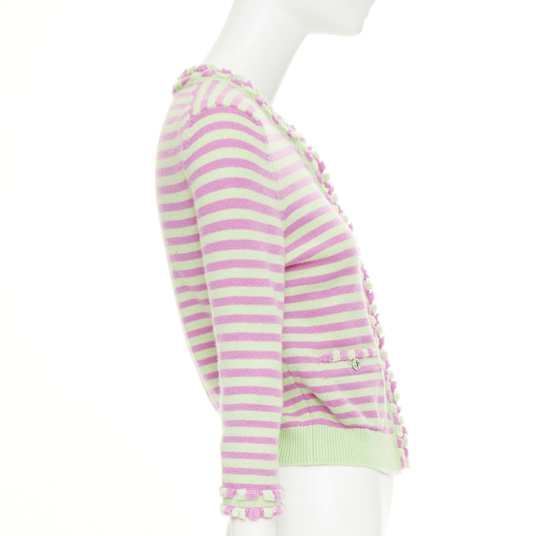 CHANEL 2025 Runway cashmere pink green striped swallow crystal cardigan FR36
