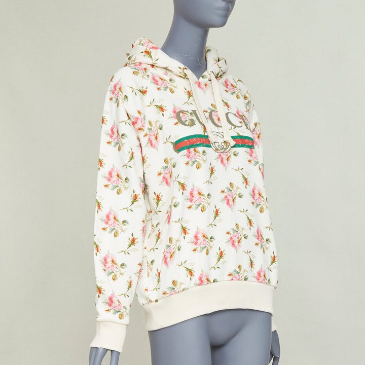 GUCCI 2017 ivory pink floral logo print jersey  hoodie XS