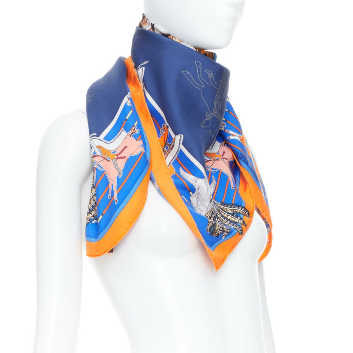 HERMES Pani La Shar Pawnee 90 Silk Twill orange royal blue square scarf