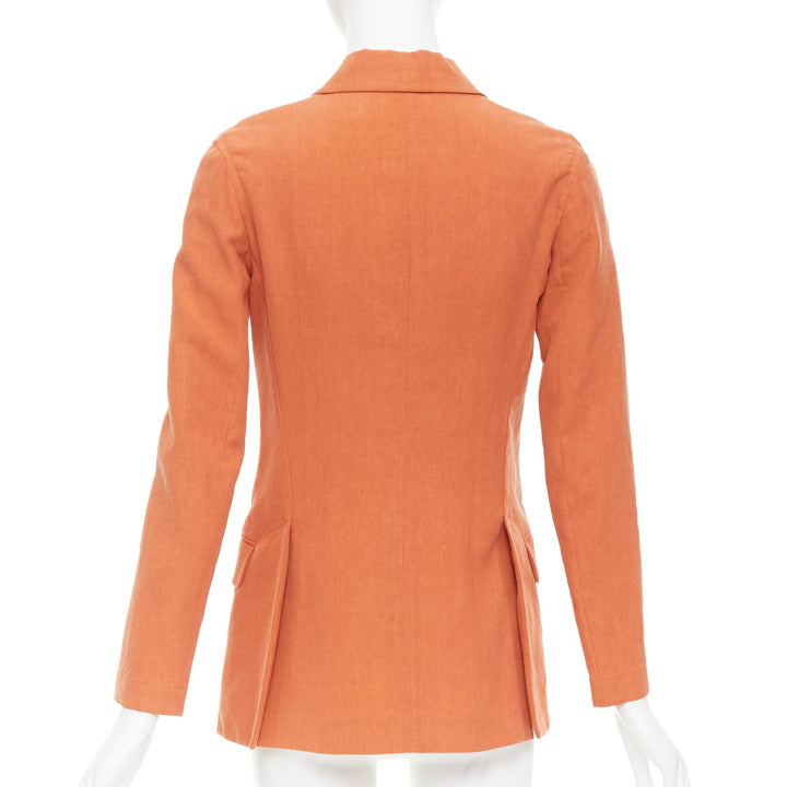 HERMES orange 100% linen logo buttons dual button blazer jacket FR34 XS