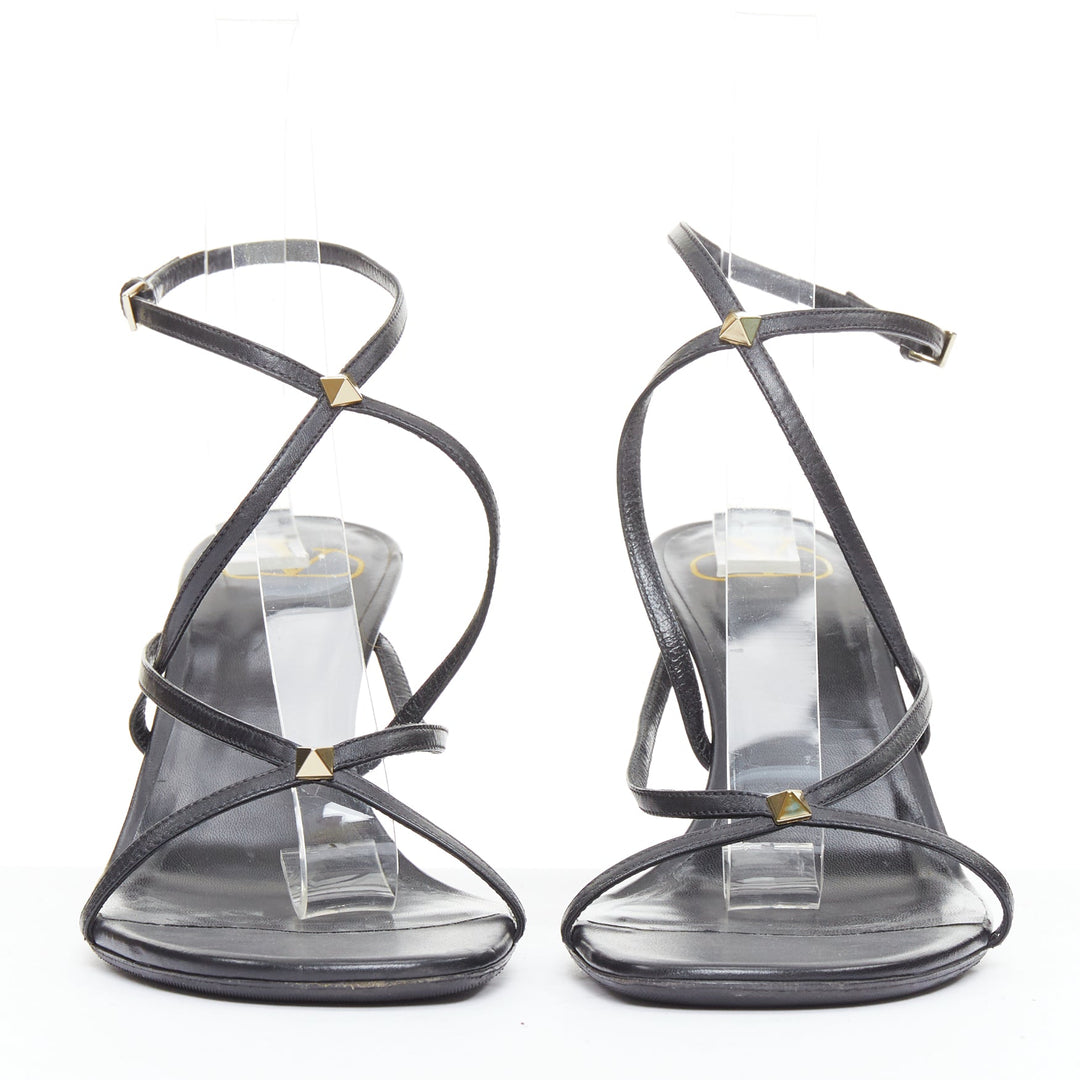 VALENTINO Rockstud black leather gold simple studs strappy sandals EU39