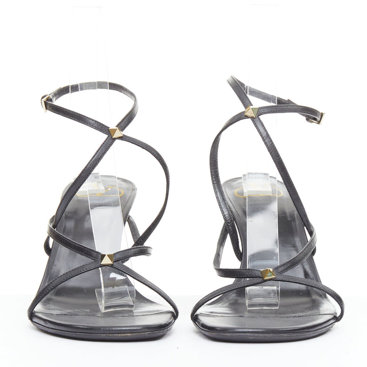 VALENTINO Rockstud black leather gold simple studs strappy sandals EU39