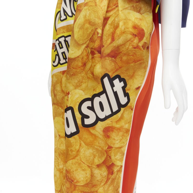 rare Runway MOSCHINO Couture! 2014 Junk Food Potato Chip one shoulder gown IT40