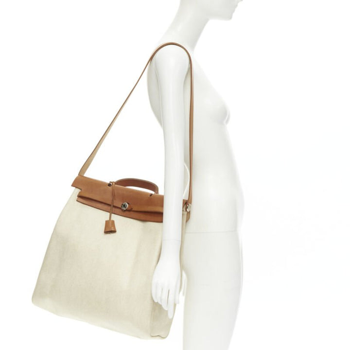 HERMES Herbag MM beige Toile coated canvas brown leather PHW 2-in-1 bag