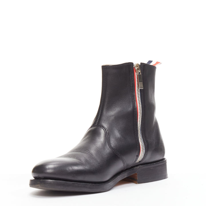 THOM BROWNE black leather red blue tab minimal zip ankle boots EU38