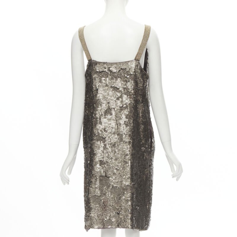 DRIES VAN NOTEN Vintage silver beaded braid neckline silver sequins dress FR40 M