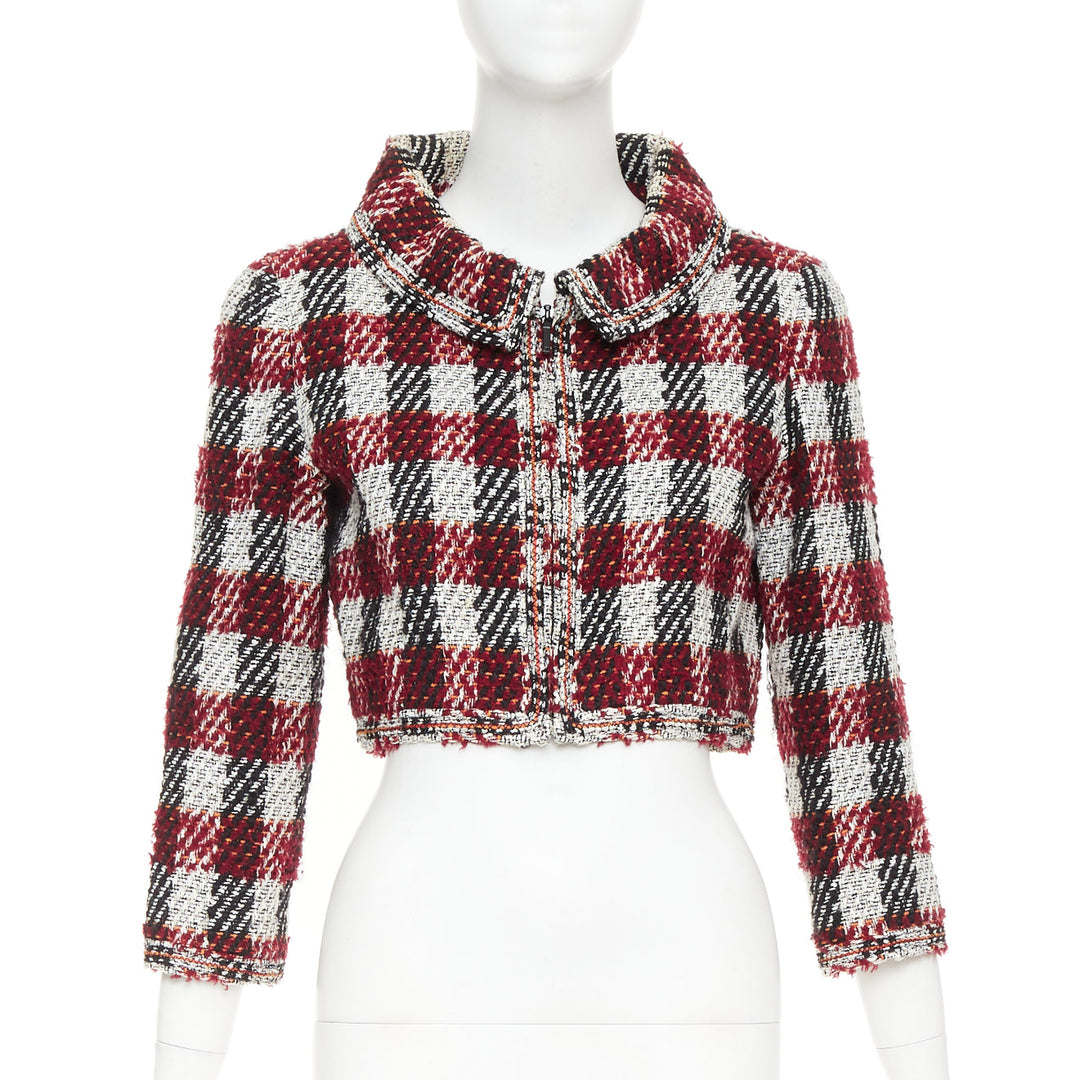 CHANEL 16A Runway burgundy checked tweed cropped zip-up jacket FR40 M