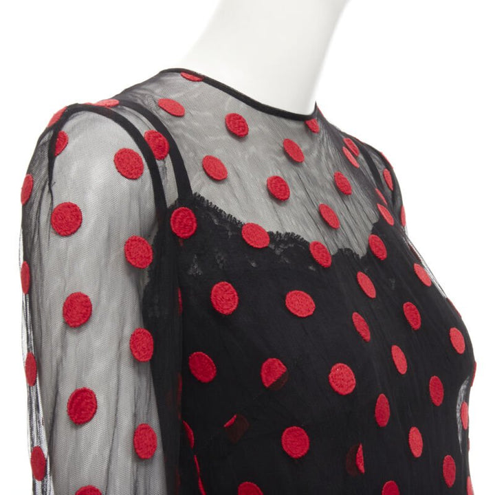 DOLCE GABBANA black red polka dot embroidered tulle flared dress IT40 S