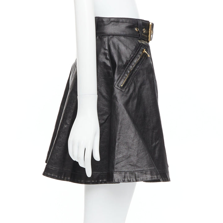 MOSCHINO black coated cotton gold hardware biker skater skirt  IT38 XS