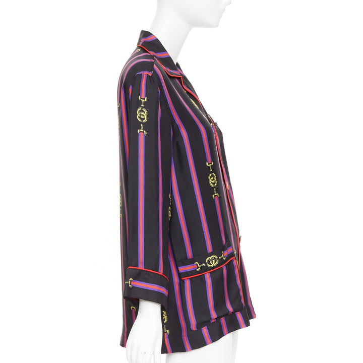 rare GUCCI GARDEN 100% silk black purple GG stripe pajama blouse shirt XXS