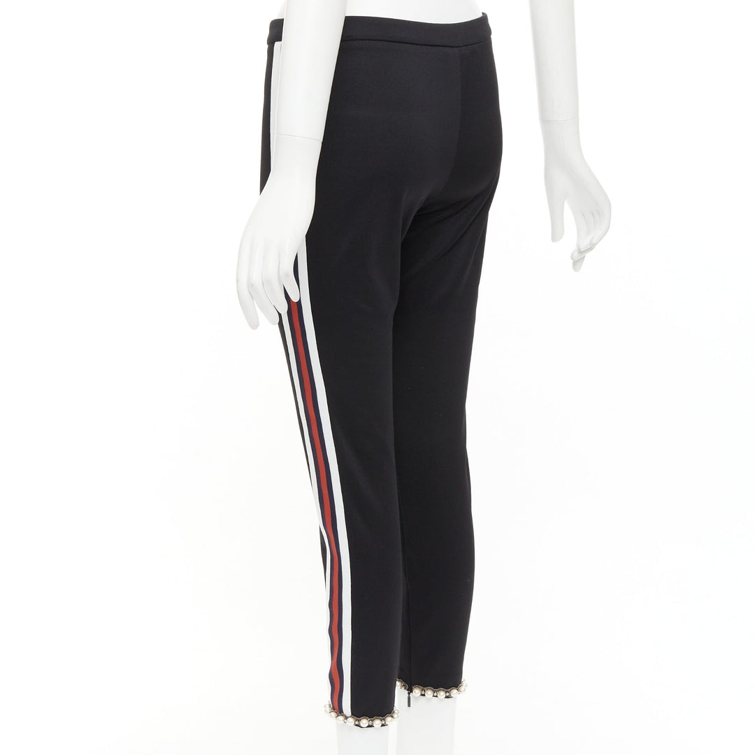 GUCCI black red pearl embellished hem webbing trims jogger pants S