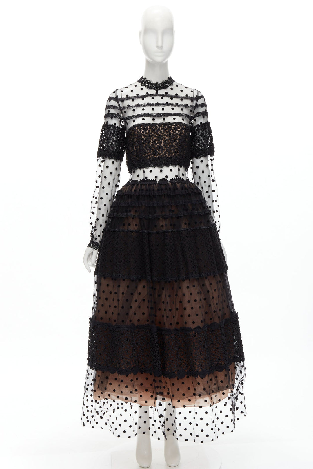 COSTARELLOS black polka dot devore embroidery trim tulle gown dress FR38 M