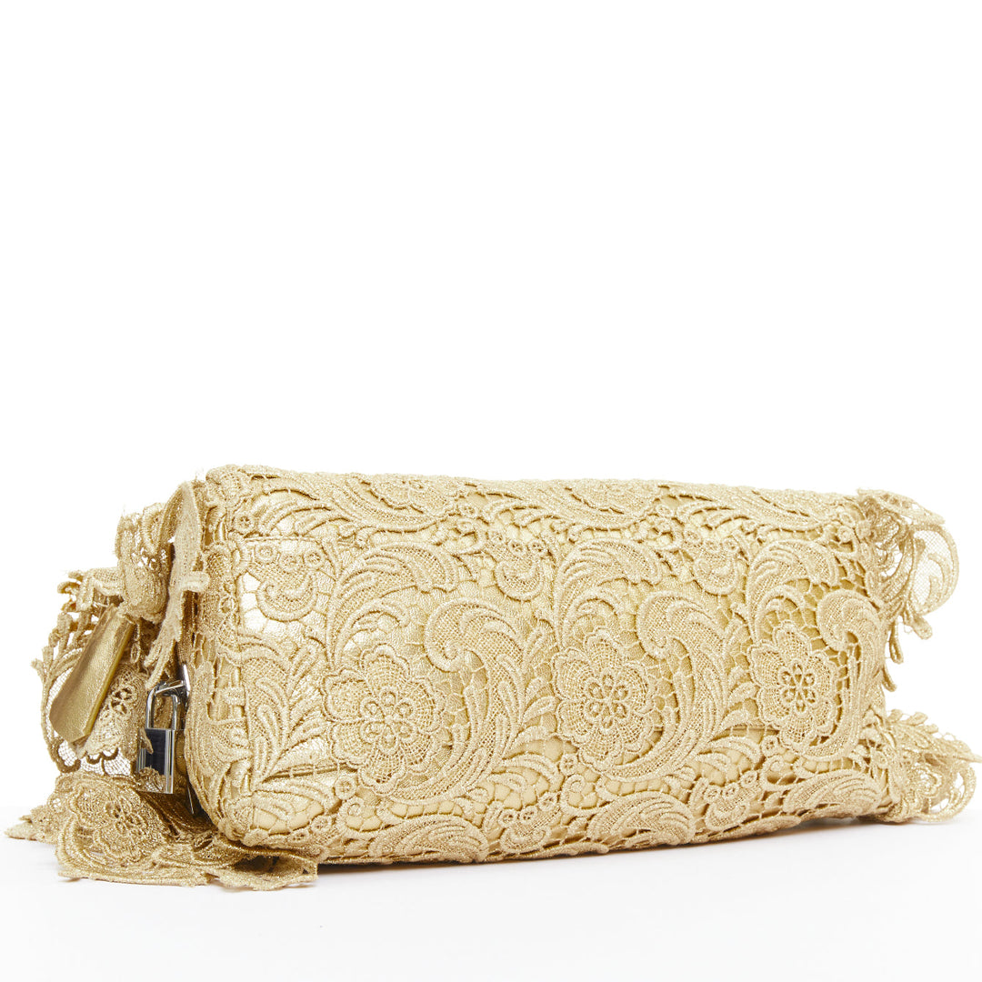 PRADA 2008 Runway Gold Oro Lace Pizzo gold macrame lace bar handle Bowler bag