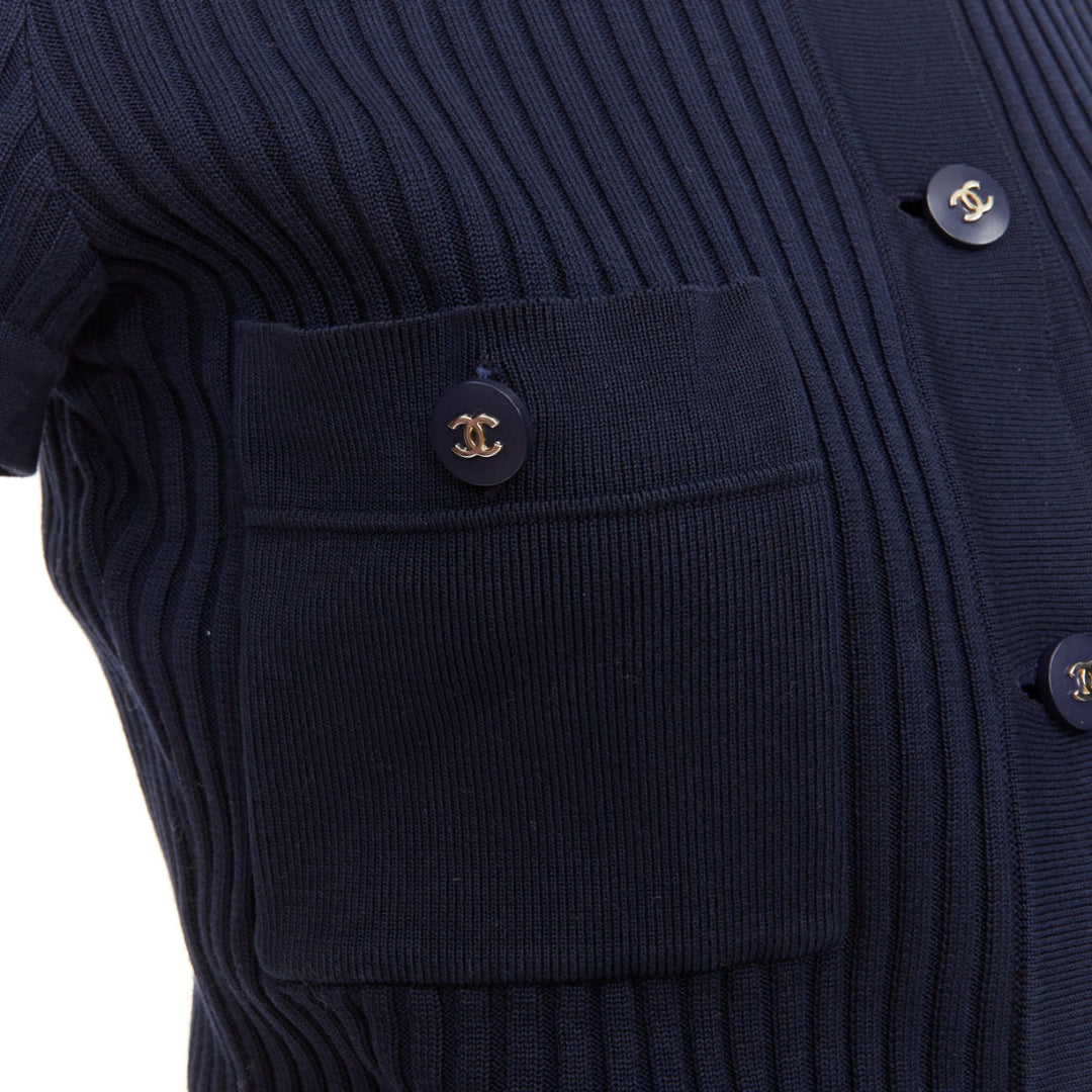 CHANEL 1997 Vintage navy cc logo button pocket collared polo knitwear top FR36 S