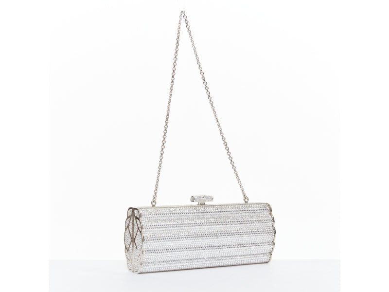 JUDITH LEIBER silver crystal encrusted metal clasp chained minaudiere clutch bag