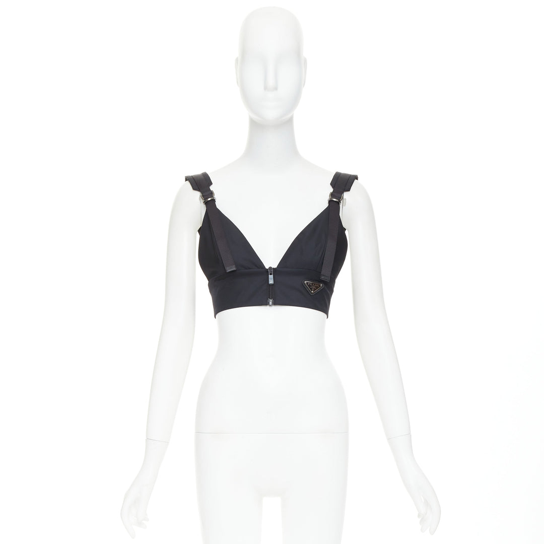 PRADA 2021 Re-Nylon Gabardine black logo buckle strap bralette crop top IT38 XS
