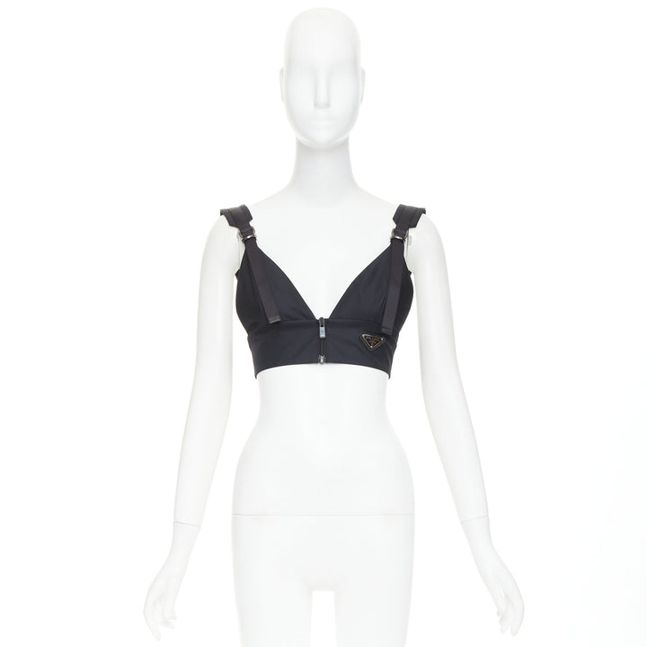 PRADA 2021 Re-Nylon Gabardine black logo buckle strap bralette crop top IT38 XS
