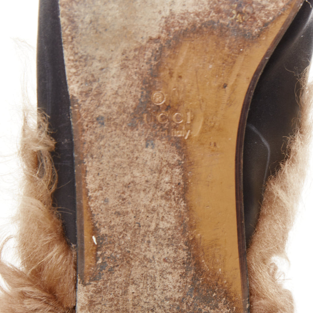 GUCCI Princetown brown fur lined black leather mule loafer EU38