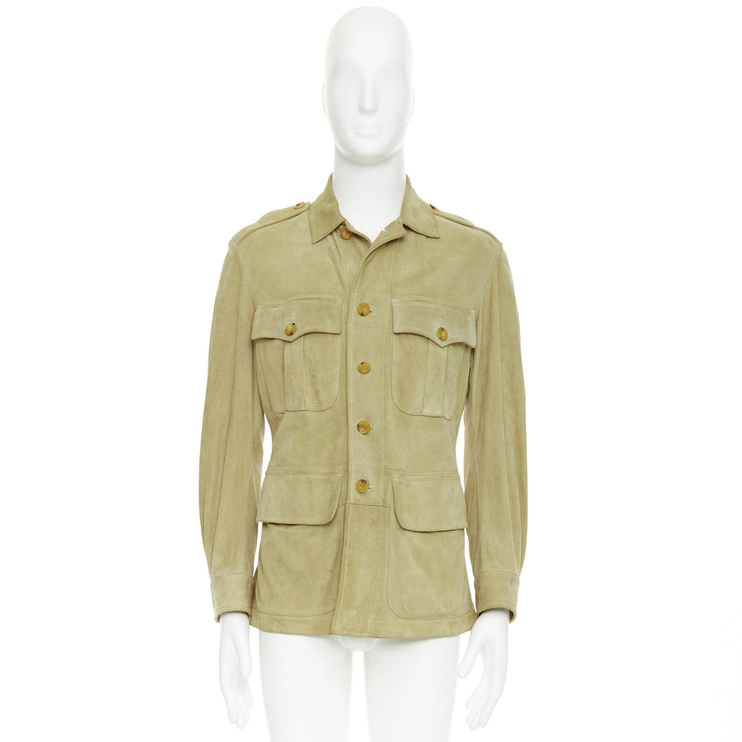 GUCCI Tom Ford Vintage khaki suede leather horn button safari jacket IT46 S