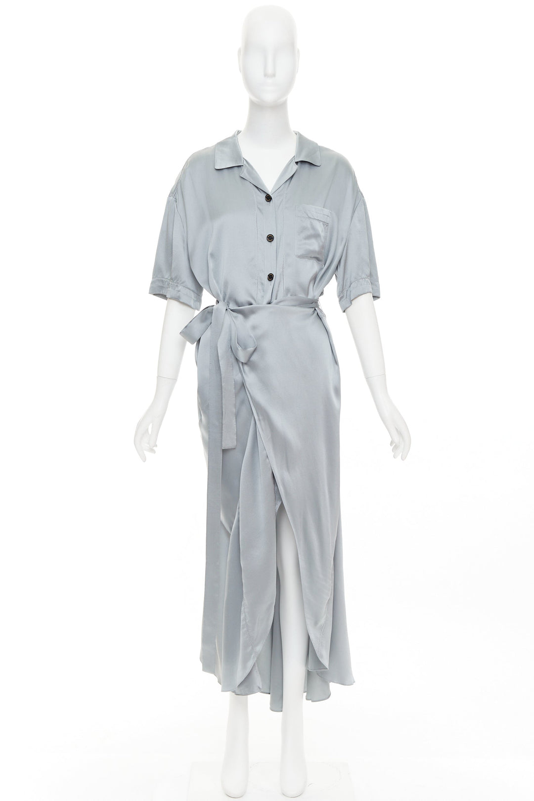 BURBERRY 100% silk steel blue button down wrap tie short sleeve dress UK8 S
