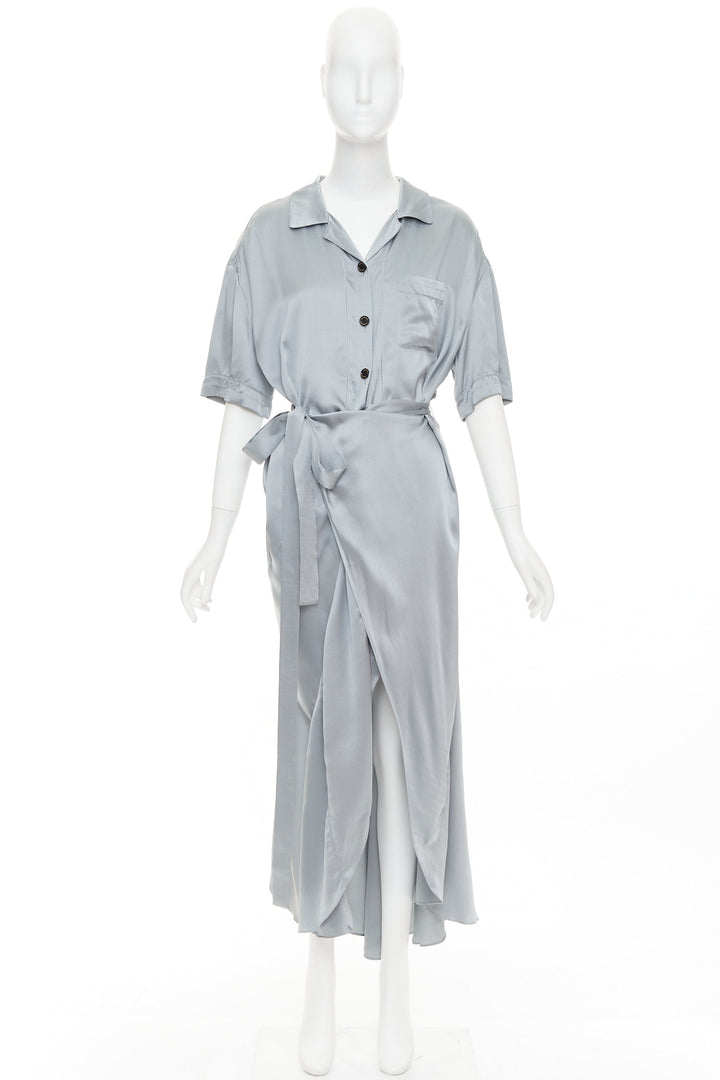 BURBERRY 100% silk steel blue button down wrap tie short sleeve dress UK8 S