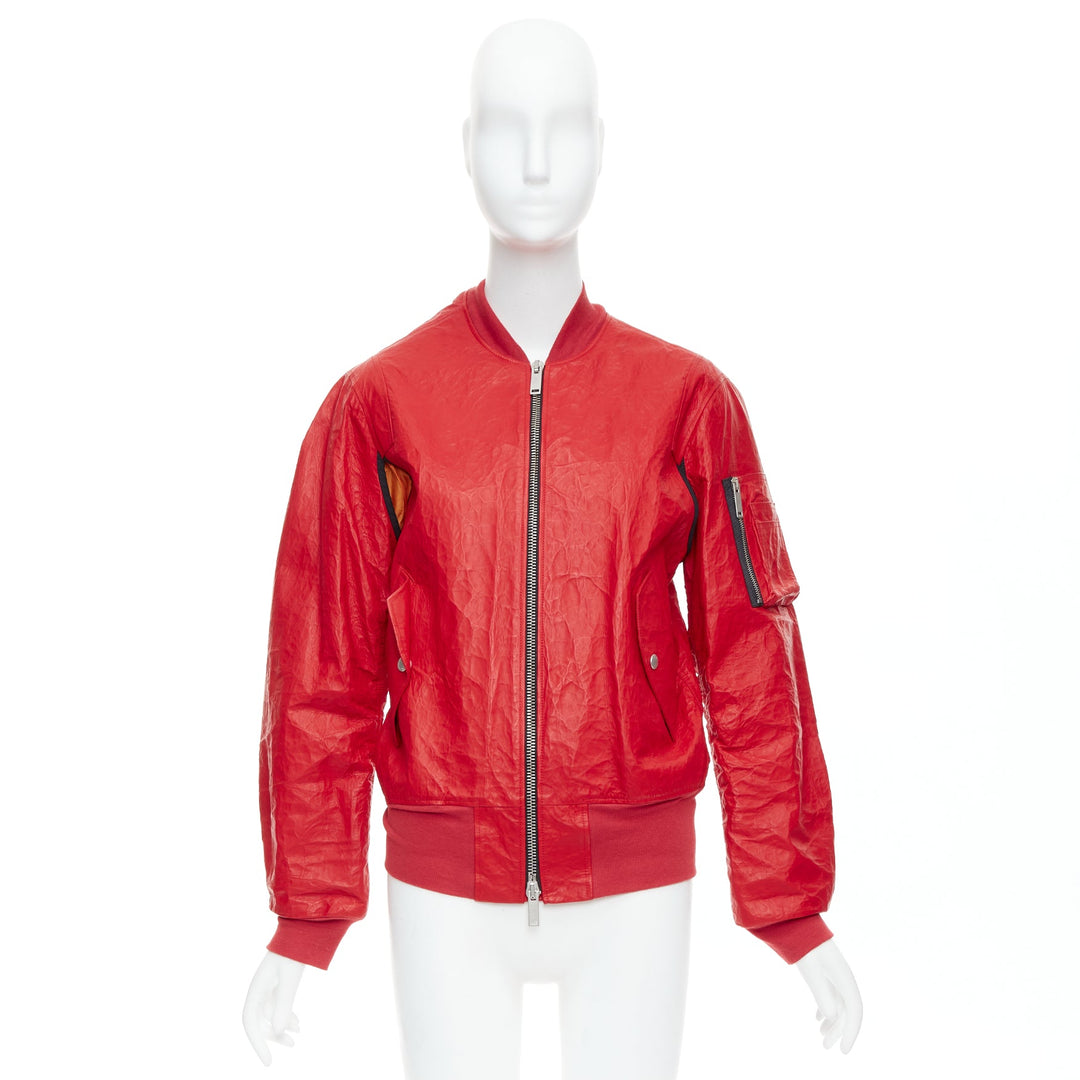 UNRAVELPROJECT red leather tyvek orange nylon lined bomber jacket IT38 XS