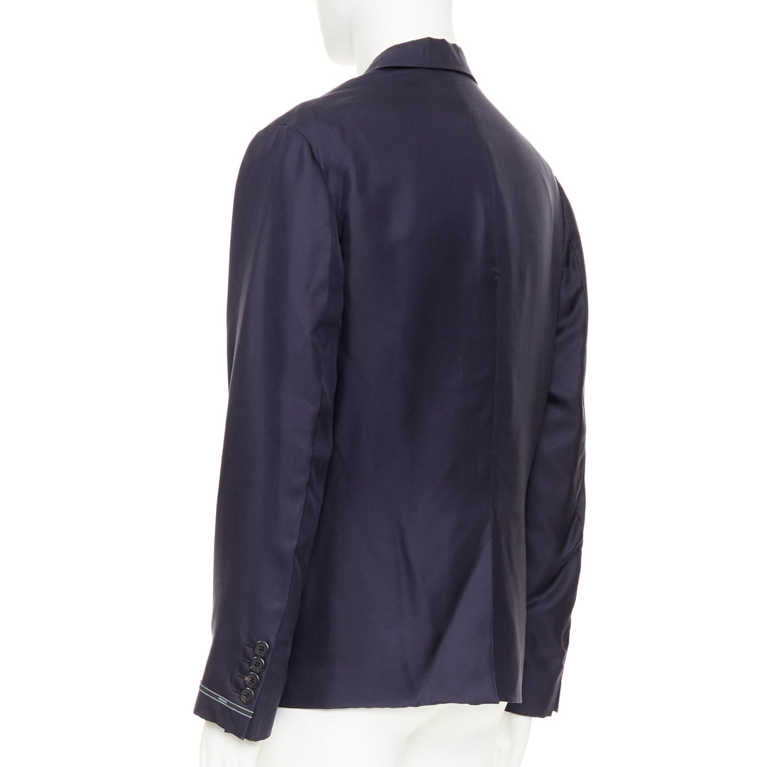 PRADA 2021 100% silk navy tonal triangle patch single breasted blazer IT48 M