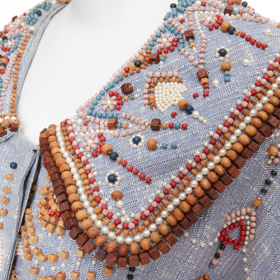 rare MATTHEW WILLIAMSON blue geometric wood bead pearl embellished coat UK12 L