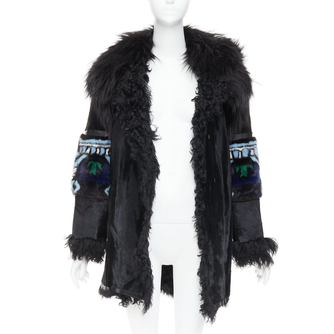 EMILIO PUCCI Vintage ethnic black calf mixed shearling raccoon fur coat IT40 S