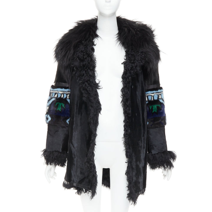 EMILIO PUCCI Vintage ethnic black calf mixed shearling raccoon fur coat IT40 S
