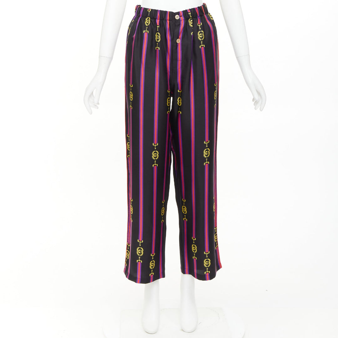 GUCCI Garden 100% silk black purple yellow equestrian GG buckle pajama pants XS