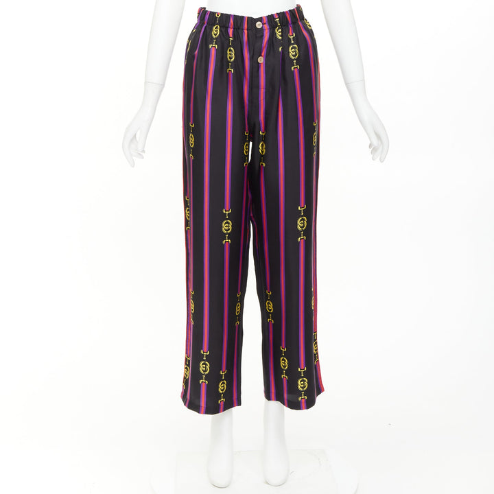 GUCCI Garden 100% silk black purple yellow equestrian GG buckle pajama pants XS