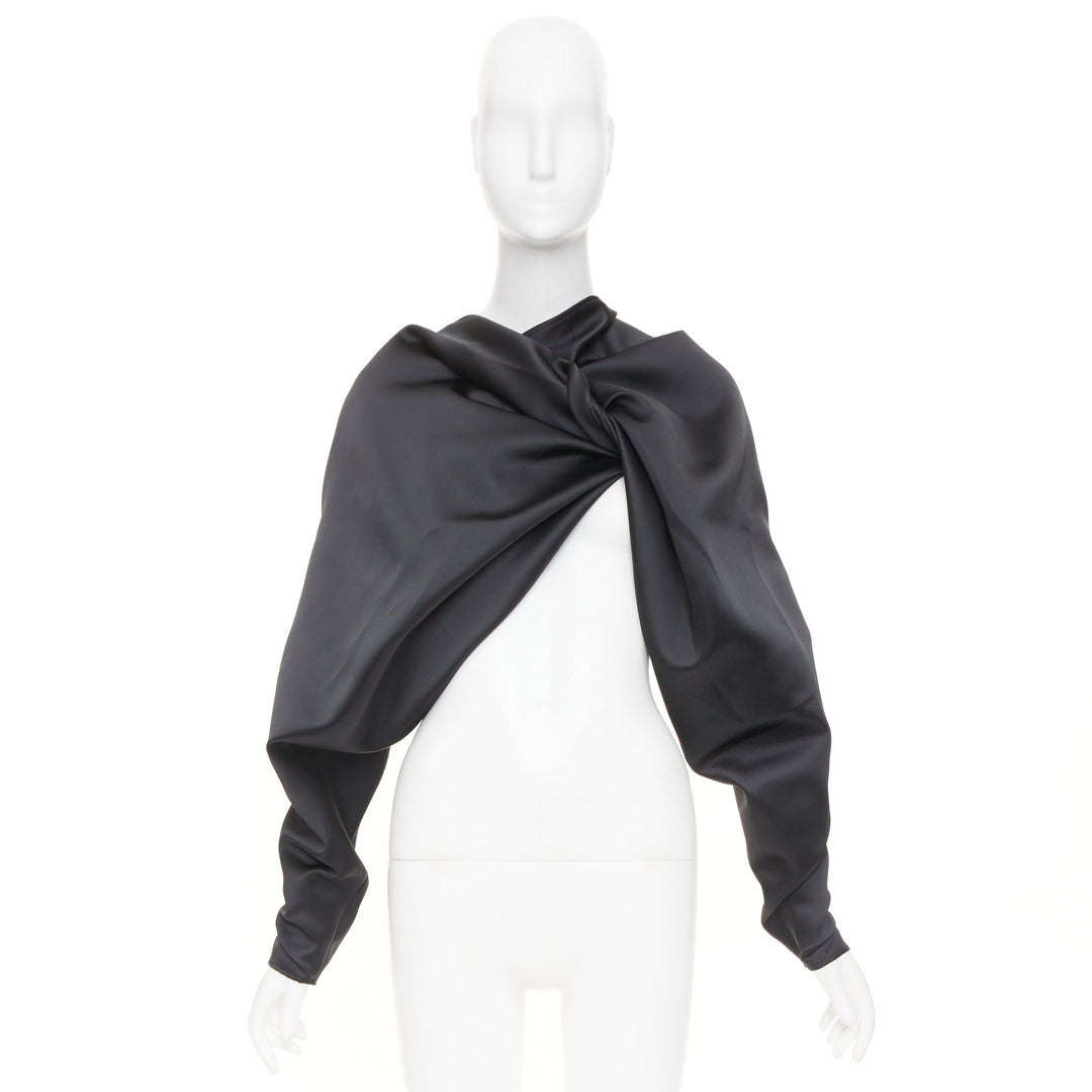 COLVILLE black twisted neck draped open front silk satin asymmetry top IT40 S
