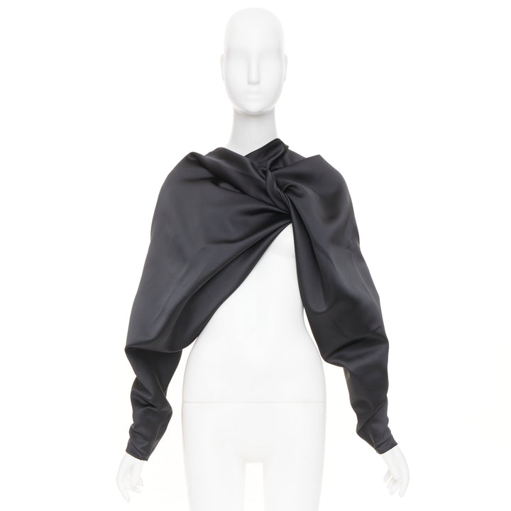 COLVILLE black twisted neck draped open front silk satin asymmetry top IT40 S