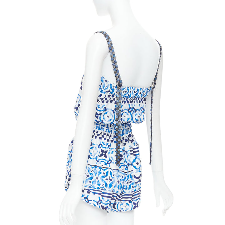 LOUIS VUITTON Monogram Tile silk white blue majolica beaded playsuit FR34 XS