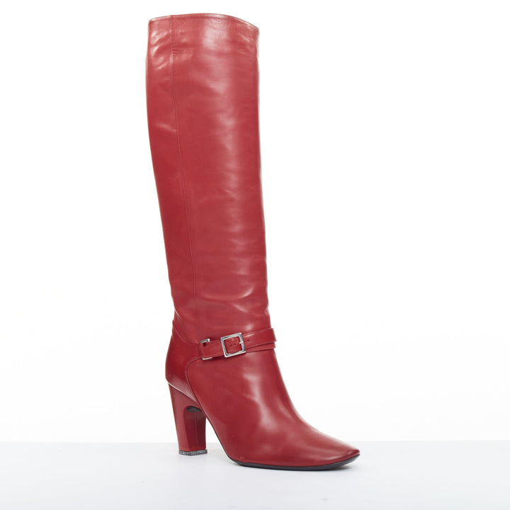 ROGER VIVIER red calfskin leather silver square buckles block heel boots EU37.5