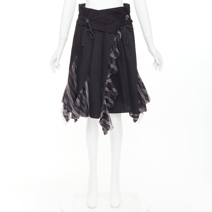 SACAI 2017 black plisse cowhide trim striped flare wrap knee skirt JP1 S