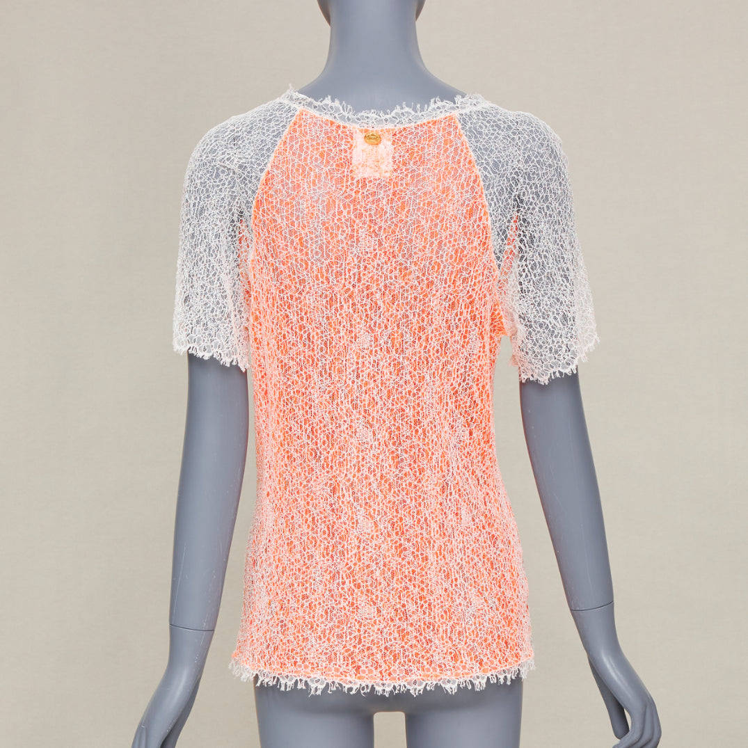CHANEL 00P sheer orange white cotton lace layered knitwear top FR46 XL